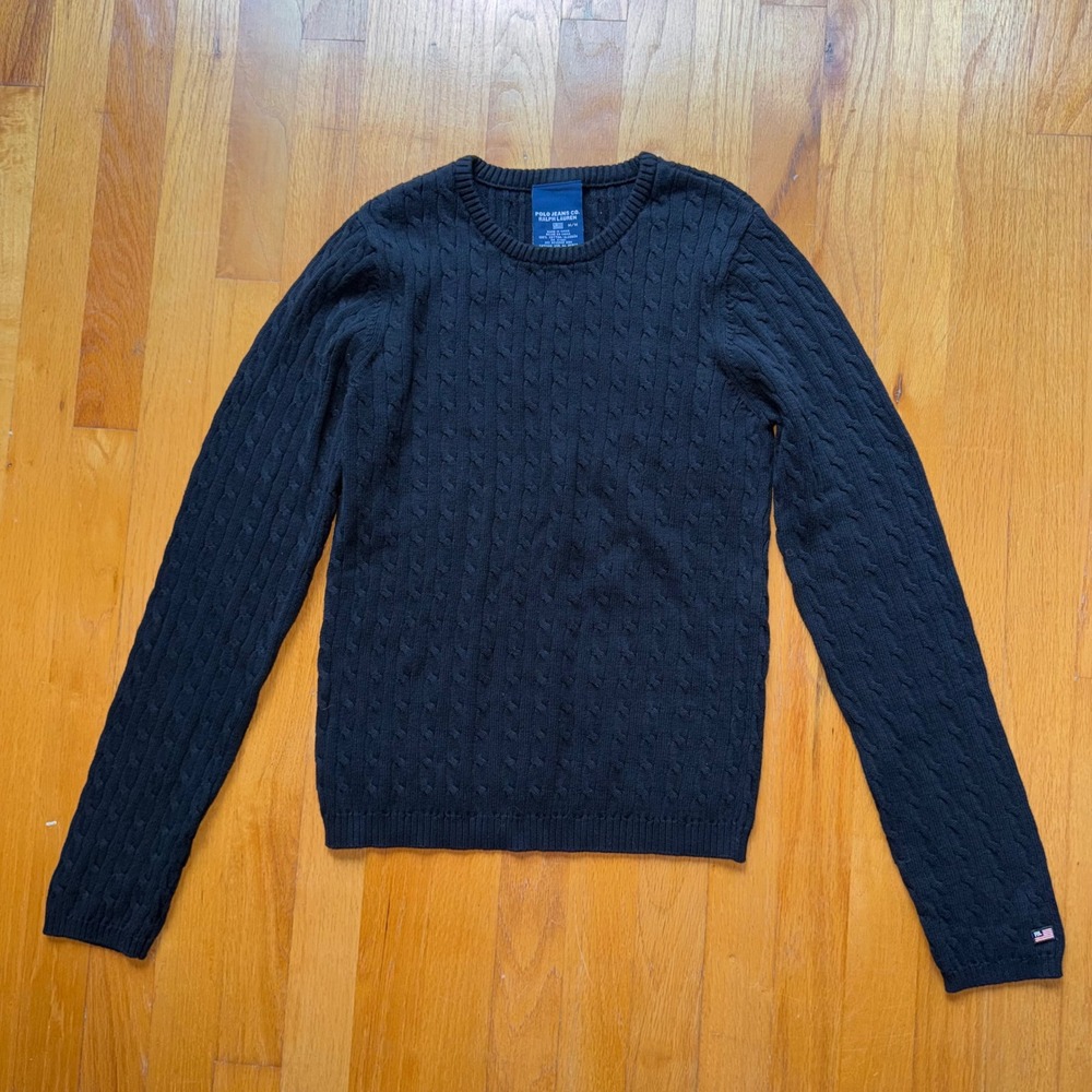 Polo Jeans Co Ralph Lauren Black Cable Knit Cotton Sweater M Preppy Academia 90s